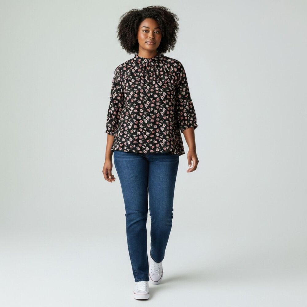 PERSEPTION CONCEPT Black Floral Blouse XL Cottagecore Puff Sleeve Boho Top